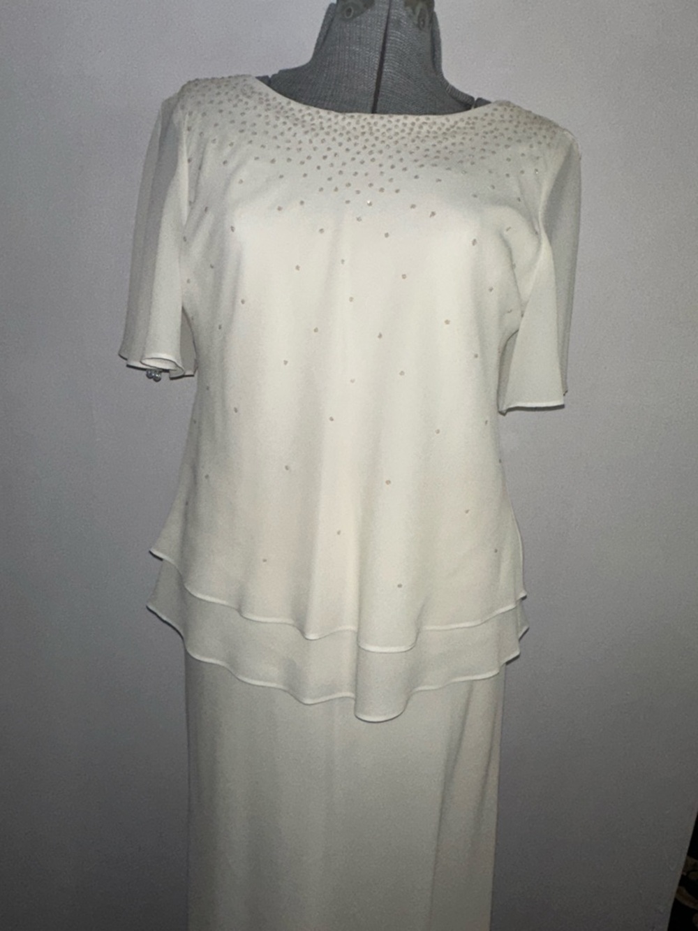 Ivory Beaded Long Sleeve Layered Evening Dress